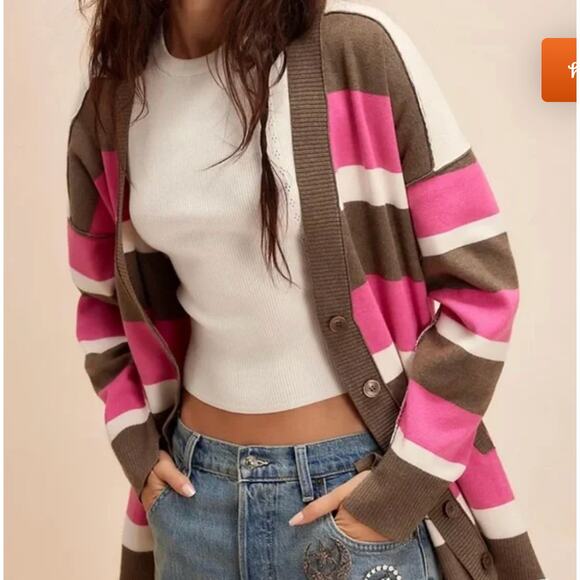 NEW We The Free Free People Striped Cardigan Sweater Medium - Picture 1 of 8